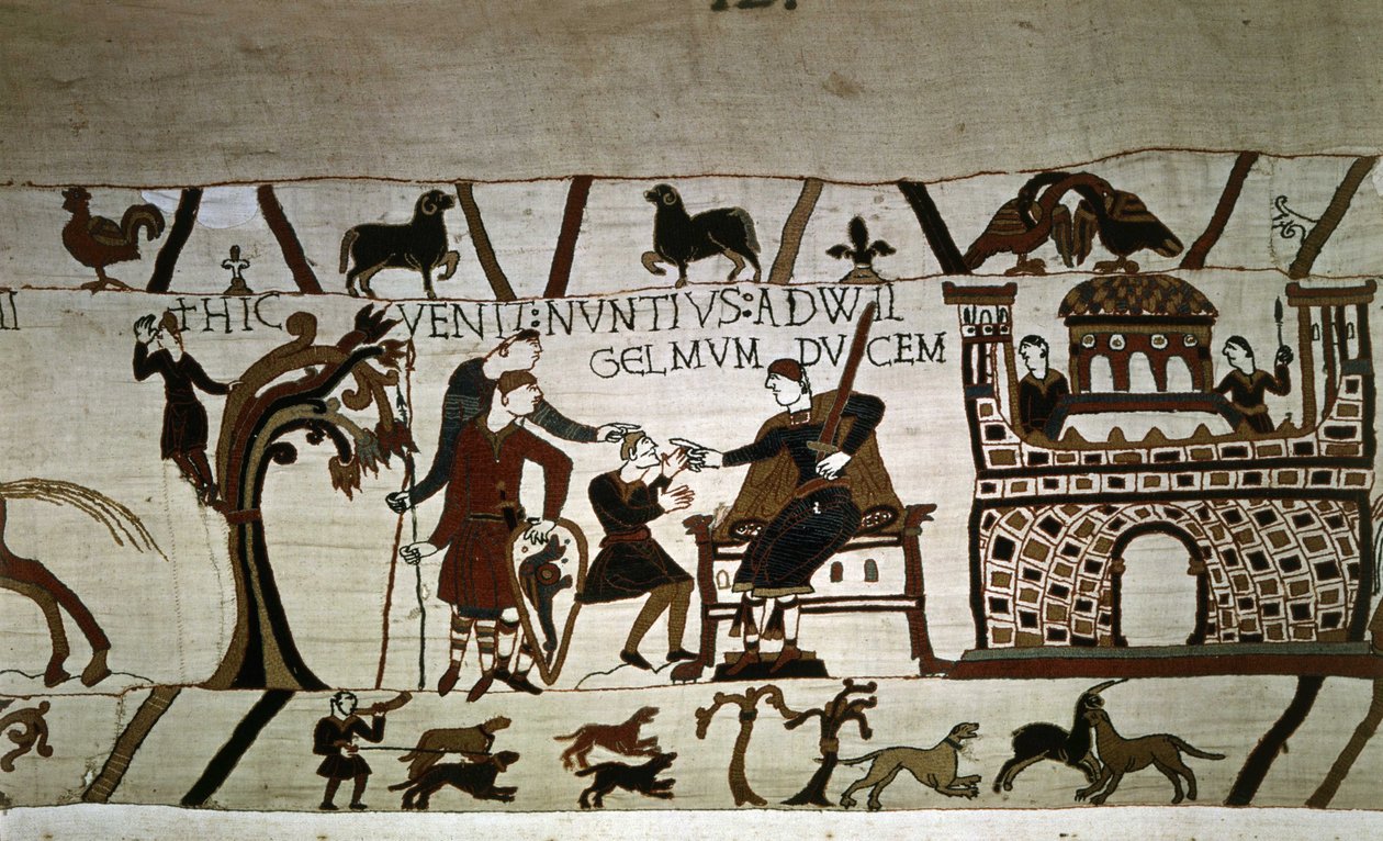 En budbringer til hertug Guillaume (1027 - 1087) - Bayeux-tapet, kendt som Broderi af Dronning Mathilde af Unknown artist