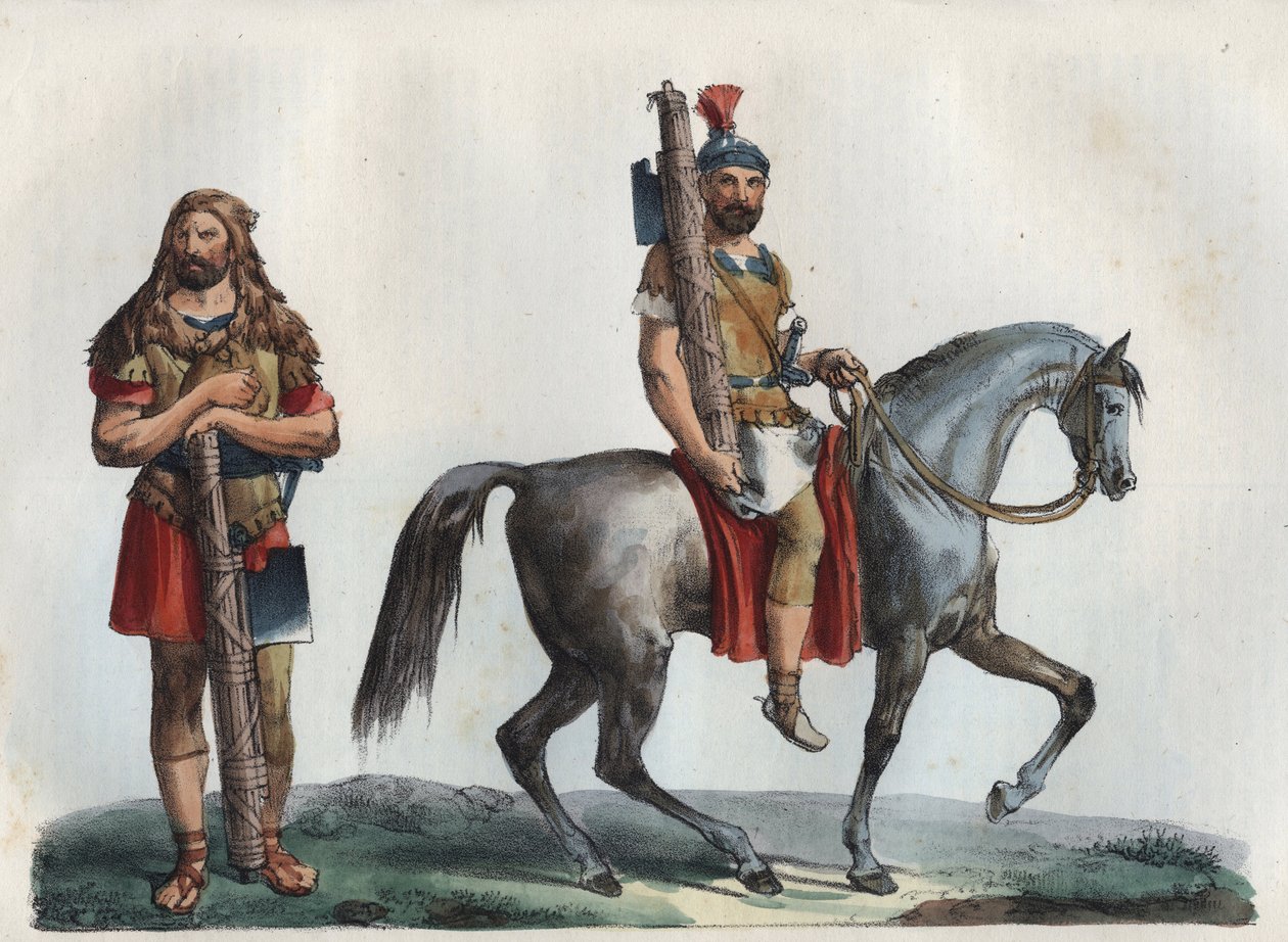 En militær likør og A militær likør af kavaleriet - indgravering fra "Use and Customs of All Peoples of the Universe. Det er historien om regeringen, lovene, militsen, om religionen i alle nationer fra de fjerneste tider til i dag" af Unknown artist