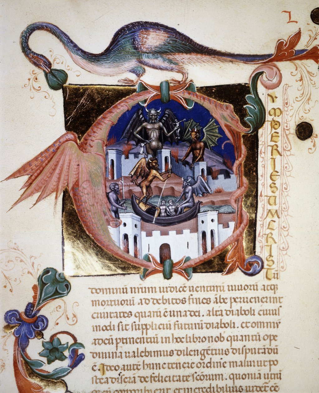Et miniature "A"" bogstav, der repræsenterer djævelens by. 14. århundredes manuskript "" De Civitate Dei"" af Saint Augustine. Biblioteca Comunale di Rimini af Unknown artist