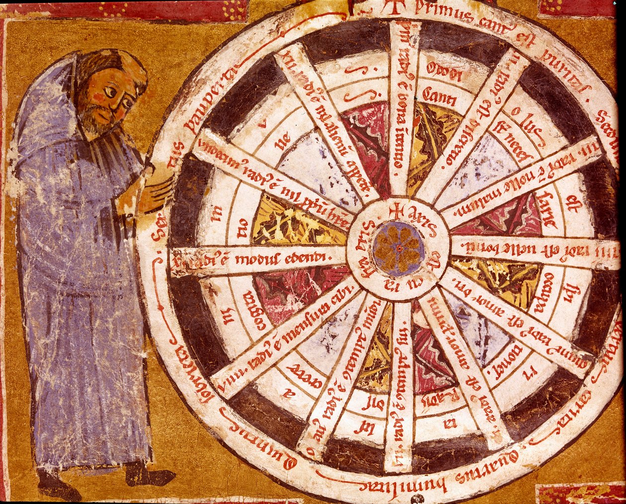 En munk nær det religiøse livs hjul Miniature fra Hugo de Sancto Victores "Værker" (Hugh af St. Victor) (ca. 1096- 1141) Biblioteca Governativa fra det 12. århundrede, Cremona af Unknown artist