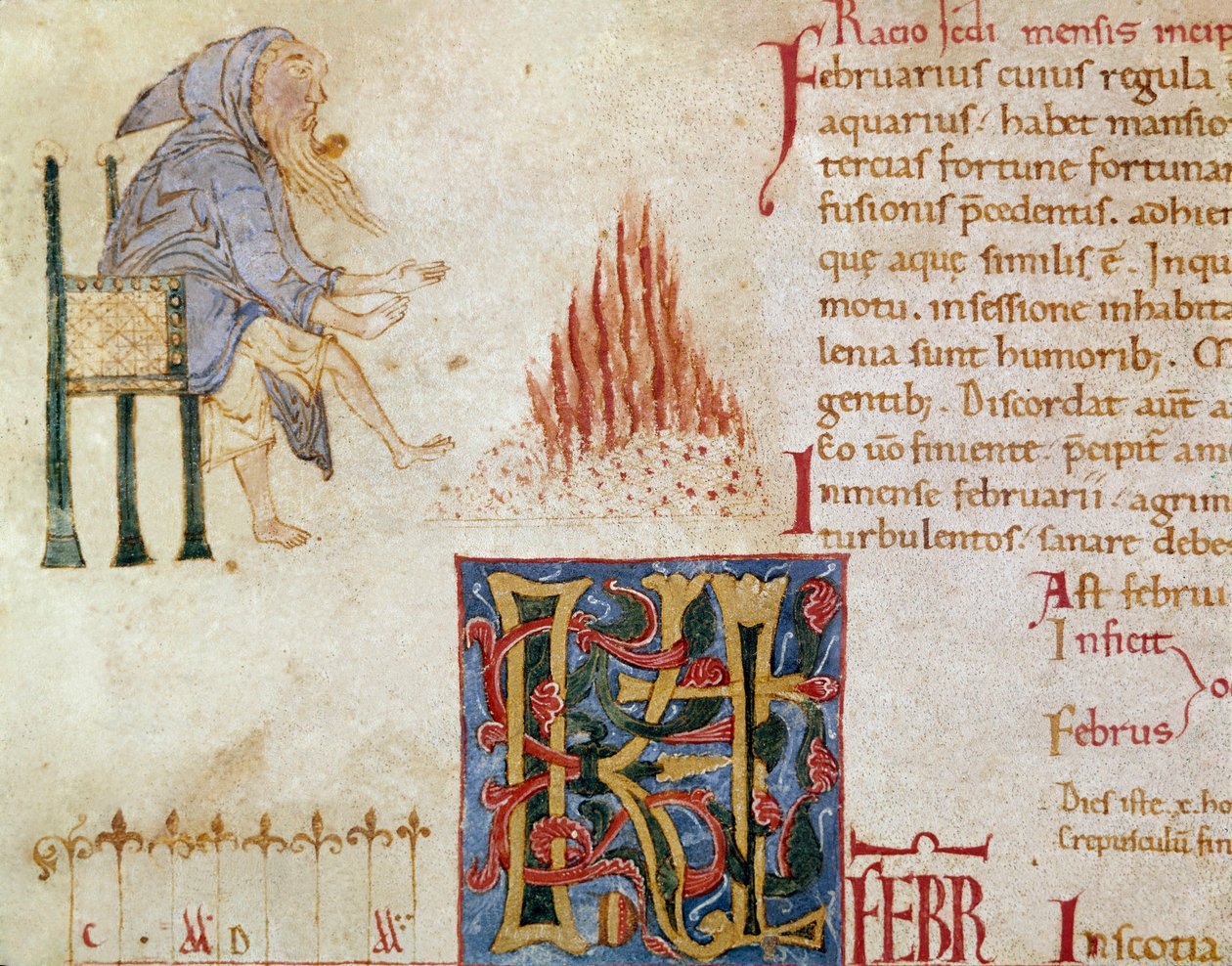En munk varmer sine fødder foran et bål, februar måned. (miniature af Unknown artist