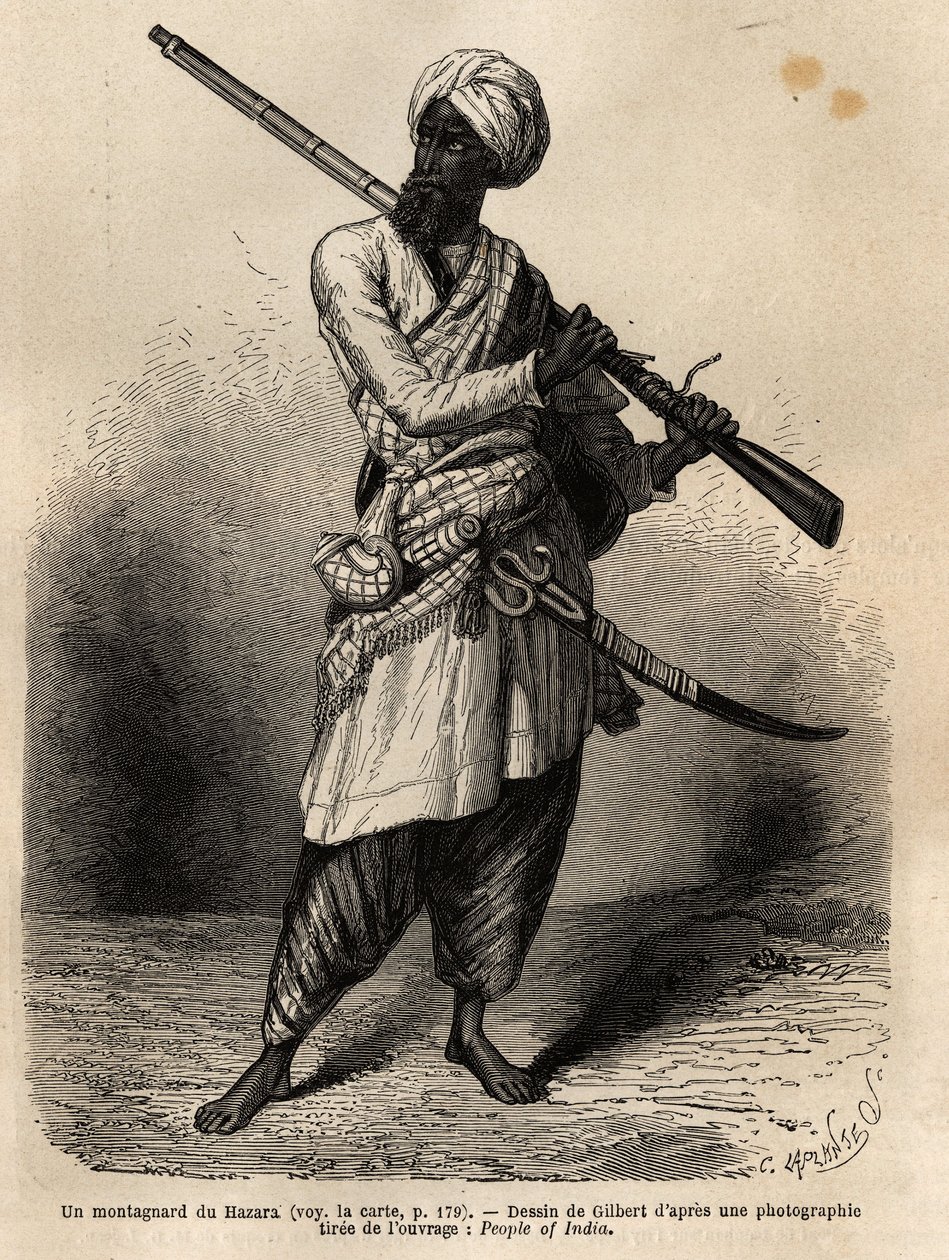 En bjergbestiger fra Hazara (Punjab, Indien). Gravering til illustration af rejsen til Pandjab og Kashmir, historie af Guillaume Lejean, i 1866, offentliggjort i "Le tour du monde, nouveau journal des voyages", under ledelse af Edouard Charton af Unknown artist