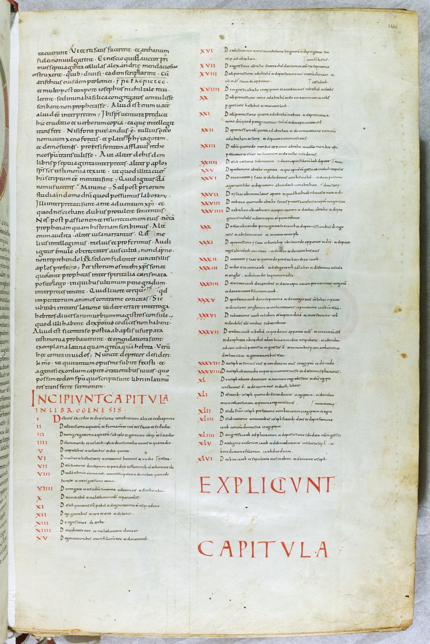 En side fra det 11. århundredes bibel med indledningskapitlet fra Første Mosebog. af Unknown artist