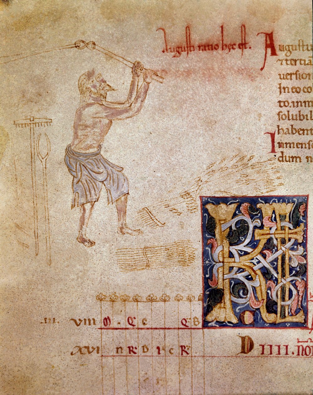 En bonde, der slår hveden, august måned (miniature af Unknown artist