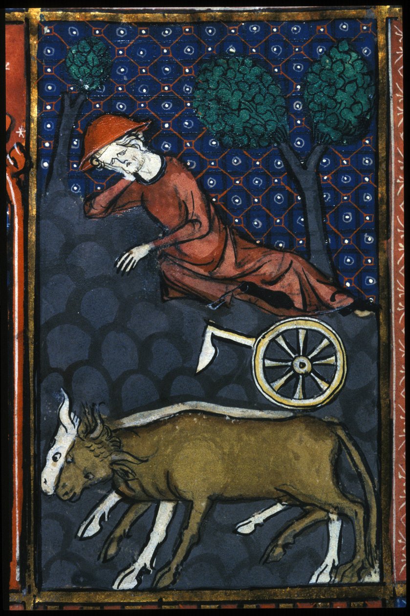 En bonde hvilede, ved siden af ham okser og en miniatureplov fra det 14. århundrede. af Unknown artist