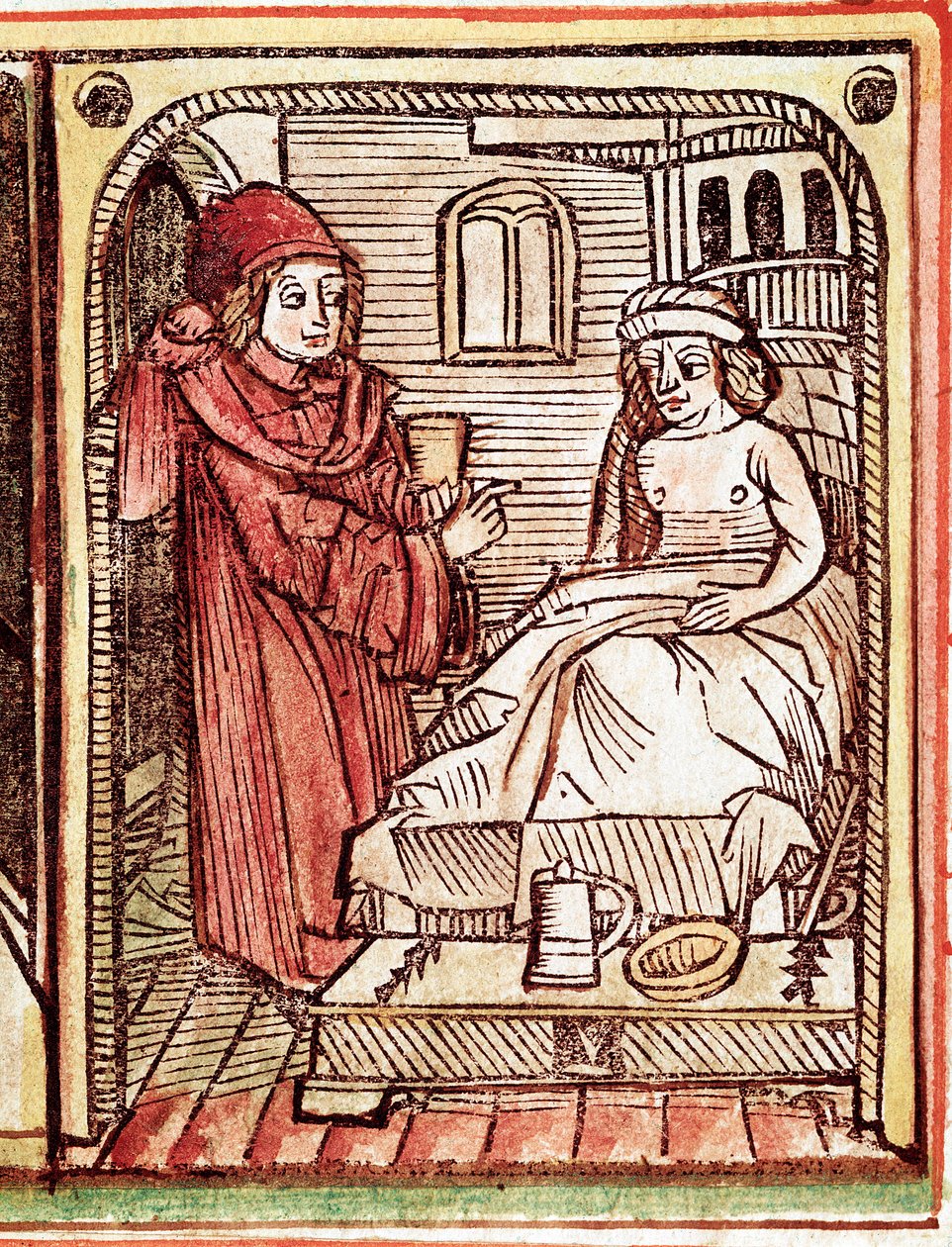 En læge giver sin patient en behandling lavet med lægeplanter Gravering fra "Tractatus de pestilentia"" 15. århundrede - Prag, Nationalbiblioteket af Unknown artist