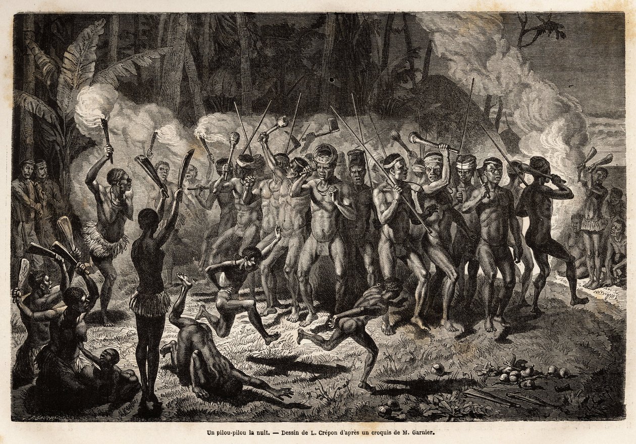En pilou-pilou (eller pille eller pille) om natten, en traditionel dans af kanak stammeceremonier. Gravering til illustration af turen til Ny Kaledonien af ​​Jules Garnier, civilingeniør i miner, i 1863-1866, udgivet i "Le tour du monde, nouveau jour af Unknown artist