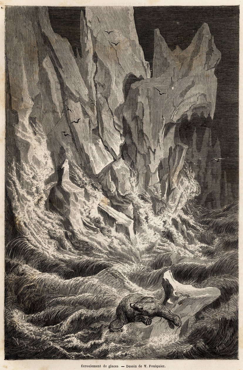En isbjørn stammer fra et isbjerg efter kollapset af en isblok fra Spitzberg, en øgruppe i det arktiske hav, tegnet af V.Foulquier, for at illustrere Spitzberget i 1838-1839, af Charles Martins. Indgravering i "" Le tour du monde"", redigeret af af Unknown artist