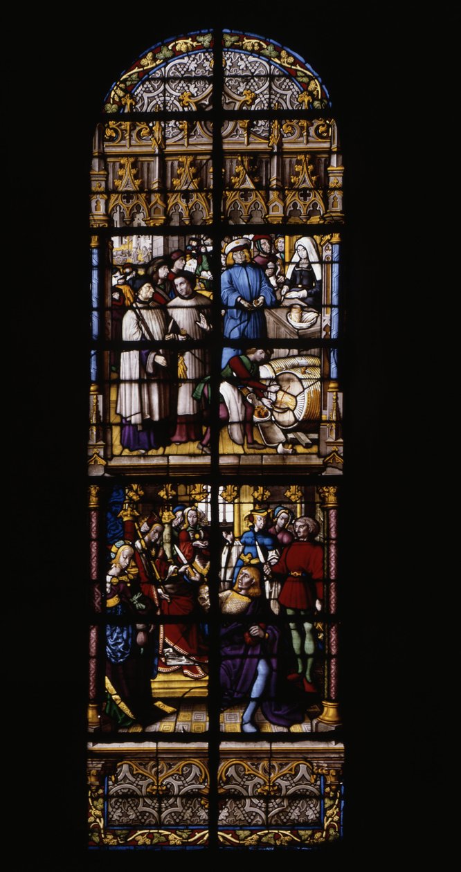 En royalty på salg af vin, var og ved disken (øverst). Til guldpris, Fredegonde bevæbnet med en forgiftet dolk to shekar af Therouanne (lav). Glasmosaik ved Cathedrale de Tournai: Tværarm til højre (4). af Unknown artist