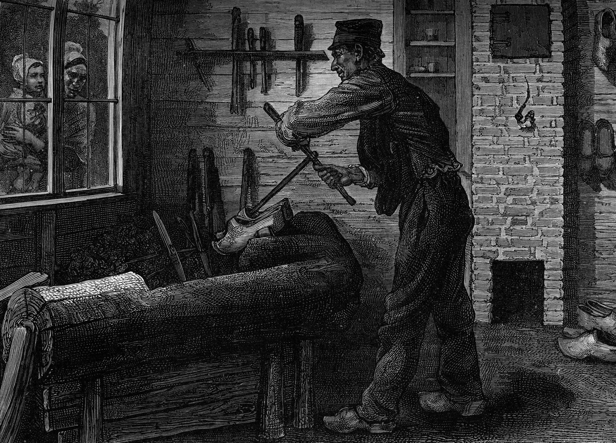 En sabotier på arbejde i sit værksted i Belgien, gravering i journalen "" la jeunesse"" af Unknown artist