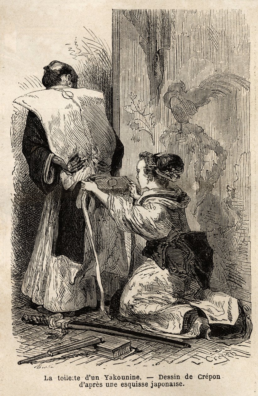 En samurais toilet, en ung stuepige hjælper hende med at binde sin kimono. Indgravering til illustration af rejsen til Japan i 1863-1864 af Aime Humbert, minister for Det Schweiziske Forbund, i "" Le tour du monde, nouveau journal des voyages"" udgivet und af Unknown artist