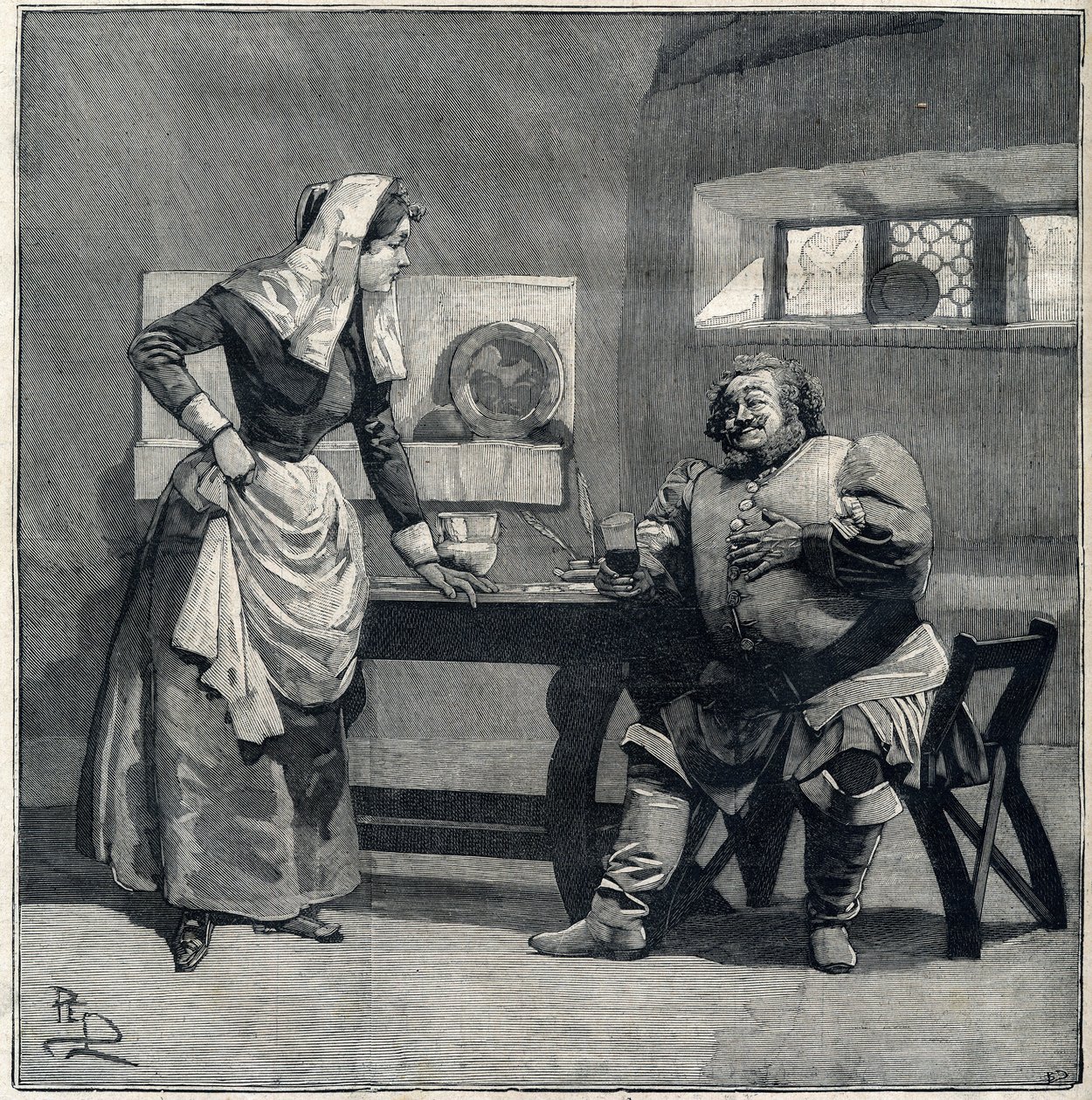 En scene af "Falstaff" fra Operaens eponym af Giuseppe Verdi blev skabt i 1893. Indgravering i "" Le Parisien"" af Unknown artist
