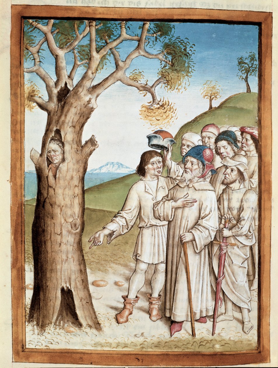 En eftersøgningsmand gemmer sig i en miniature træstamme fra en tysk oversættelse af fablerne om Bidpais "Kalila (Calila) og Dimna". (ms. 1389, fol. 36) omkring 1480 Chantilly, musee Conde af Unknown artist