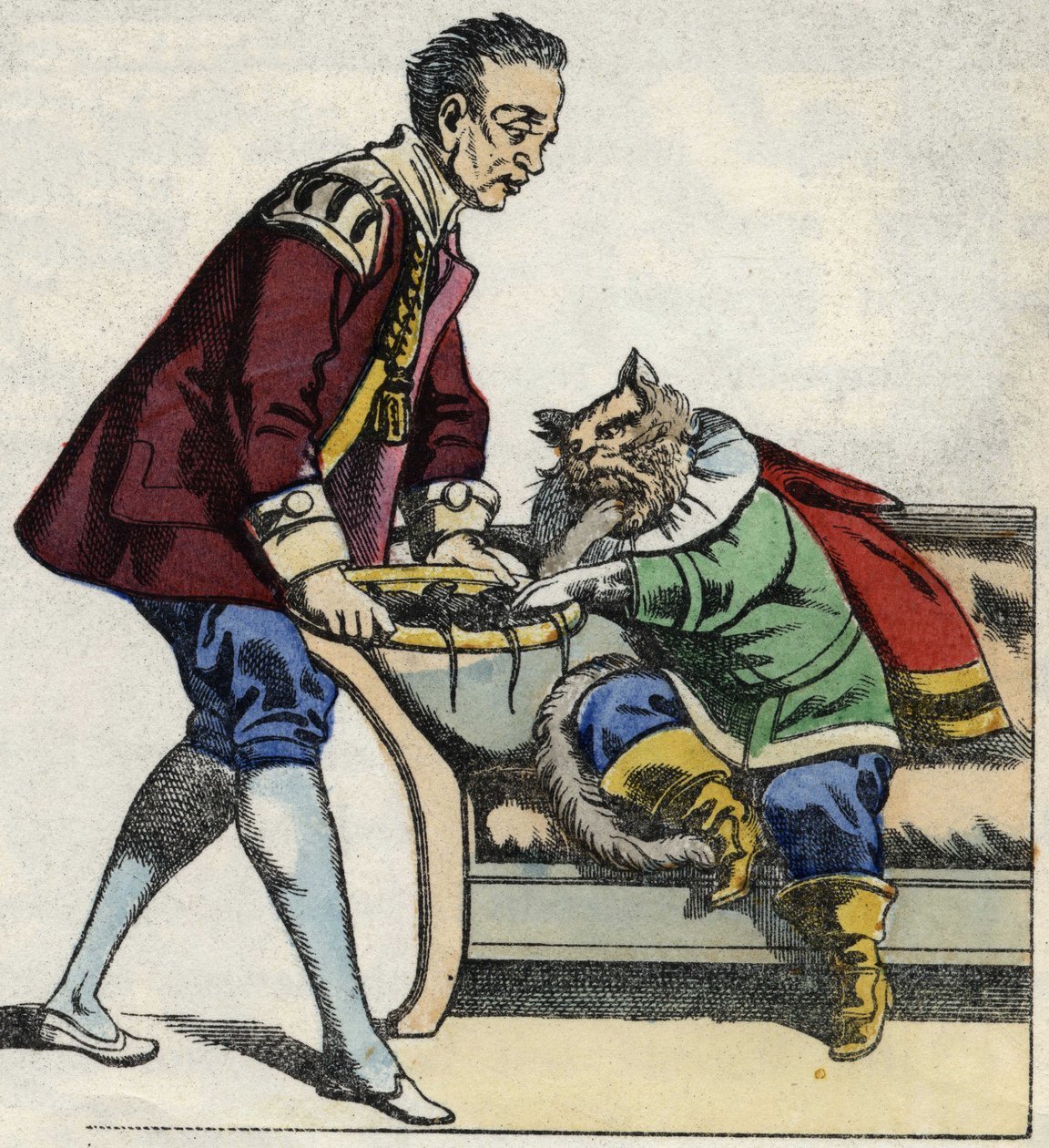 En tjener serverer kattestøvlerne en musebakke. Illustration af fortællingen "The cat botte" af Charles Perrault af Unknown artist