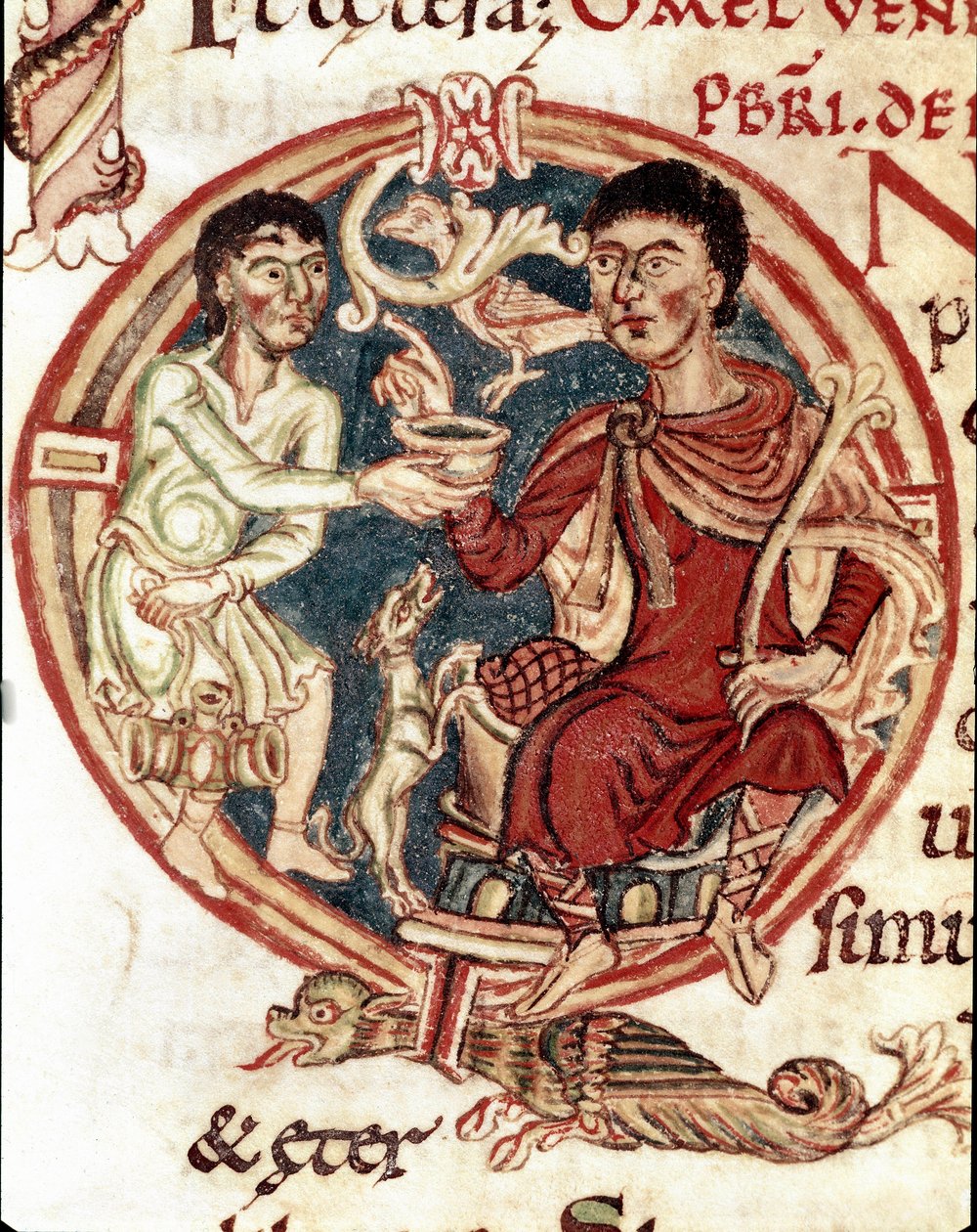 En tjener, der serverer at drikke til herren Miniature fra "Lectionaire de la Cathedrale de Reims"" Reims fra det 11. århundrede, kommunalt bibliotek af Unknown artist