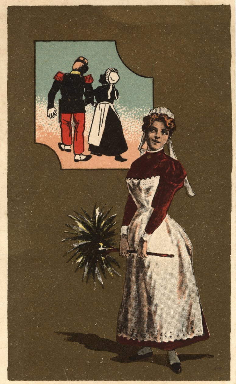 En tjener med en fjer. Hun har drømt om en smuk soldats arm. Anonym kromolitografi, slutningen af det 19. århundrede. af Unknown artist
