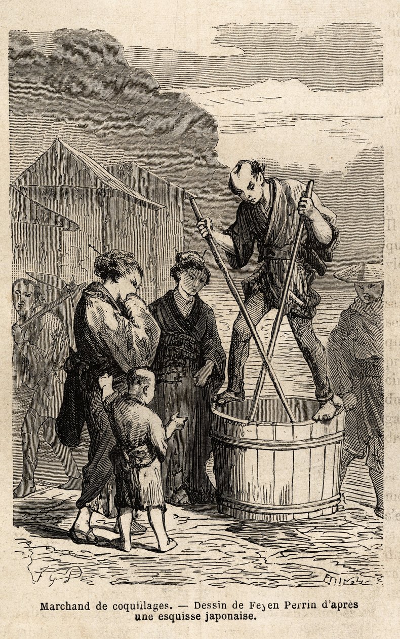 En skallehandler midt på gaden rejser sig i balance på tønden med hans varer, som han slæber med to lange spisepinde. Indgravering til illustration af rejsen til Japan i 1863-1864 af Aime Humbert, minister for Det Schweiziske Forbund, i "L af Unknown artist