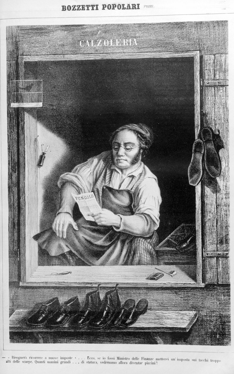En skomager i 1800-tallet: Hvis vi sætter skat på hæle for højt, hvor mange høje mænd ville blive små... af Unknown artist