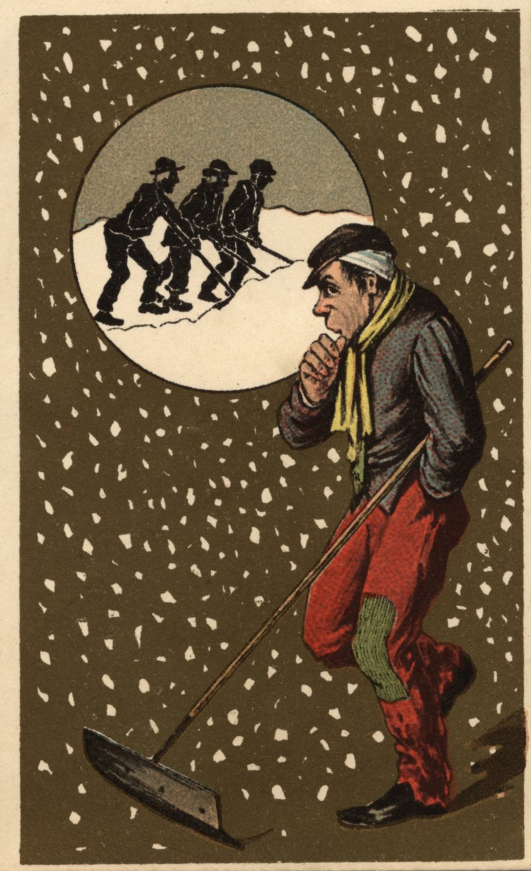 En snesamler med sin skovl. Anonym kromolitografi, slutningen af det 19. århundrede. af Unknown artist