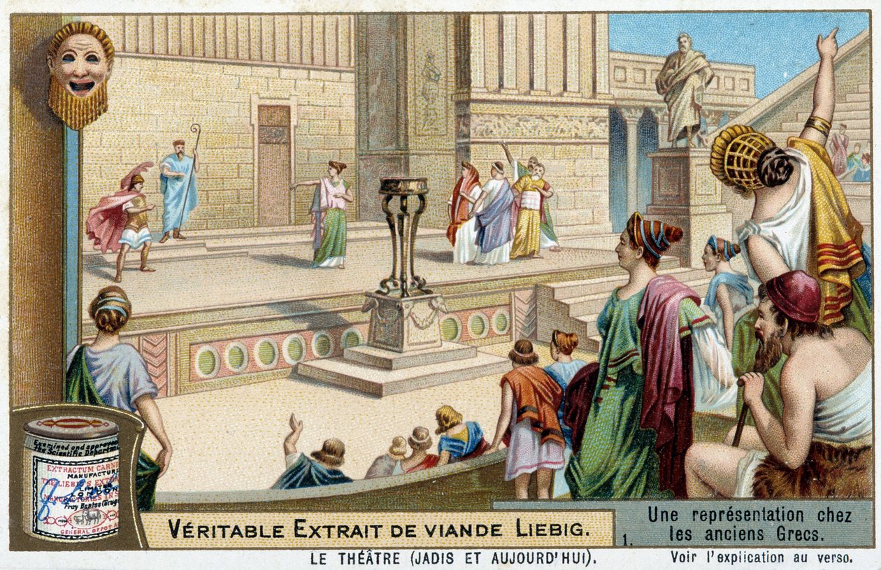 En teaterrepræsentation i det antikke Grækenland - Liebig-kromolitografi af Unknown artist