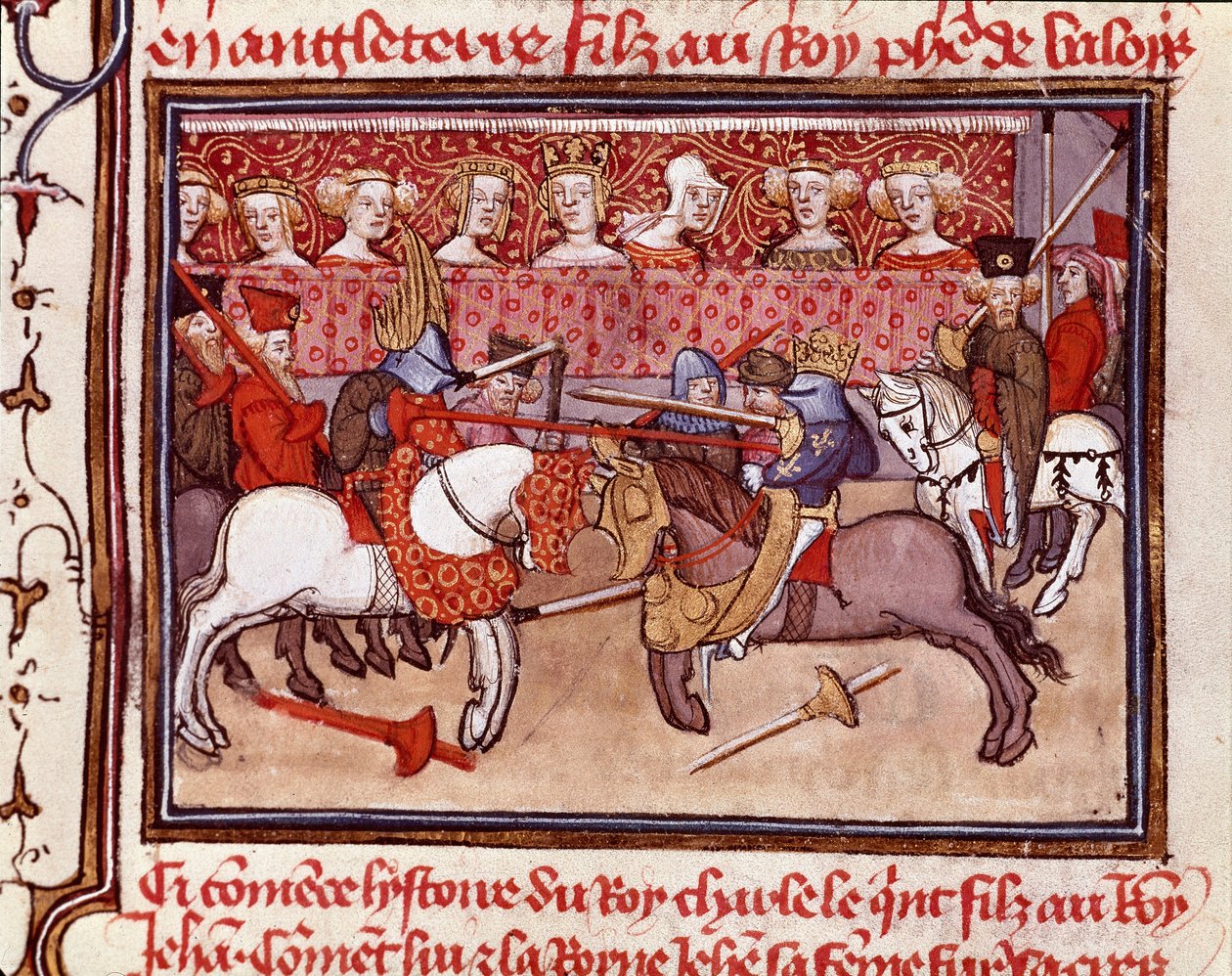 En turnering af riddere på tidspunktet for konge af Frankrig Charles V (1338-1380) Miniature hentet fra “” Les Grandes Chronicles de France ”” ”Chantilly fra det 14. århundrede, Musee Conde af Unknown artist