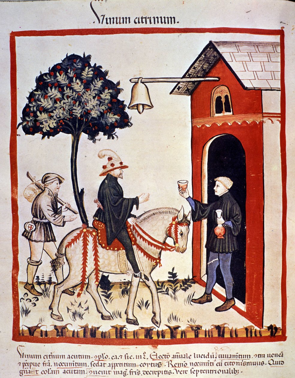 En rejsende bydes velkommen i en kro og tilbydes et glas vin. Belysning fra malkning af medicin og diætetik "" Tacuinum sanitatis"" af Unknown artist