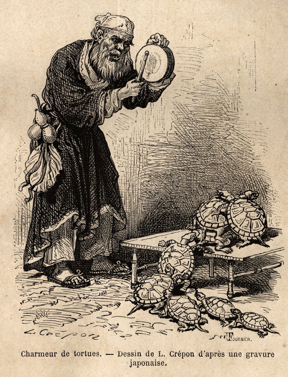 En skildpaddecharlataner, der tilhører den mellemliggende jamning mellem tiggere og fe-charlataner. Indgravering til illustration af rejsen til Japan af Aime Humbert, minister for Det Schweiziske Forbund, i 1863-1864, udgivet i "" le tour du monde"", under af Unknown artist