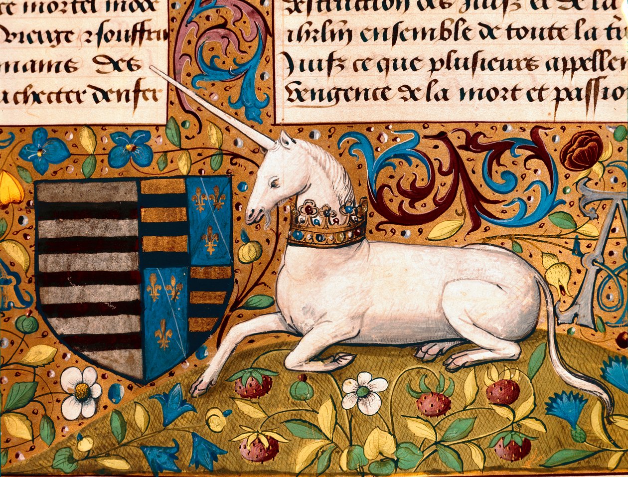 En enhjørning og et våbenskjold Detalje af en manuskriptside fra det 15. århundrede - Chantilly, musee Conde - Enhjørning og et våbenskjold - Detalje af en miniature fra et 15. manuskript - Conde Museum, Chantilly (Frankrig) af Unknown artist