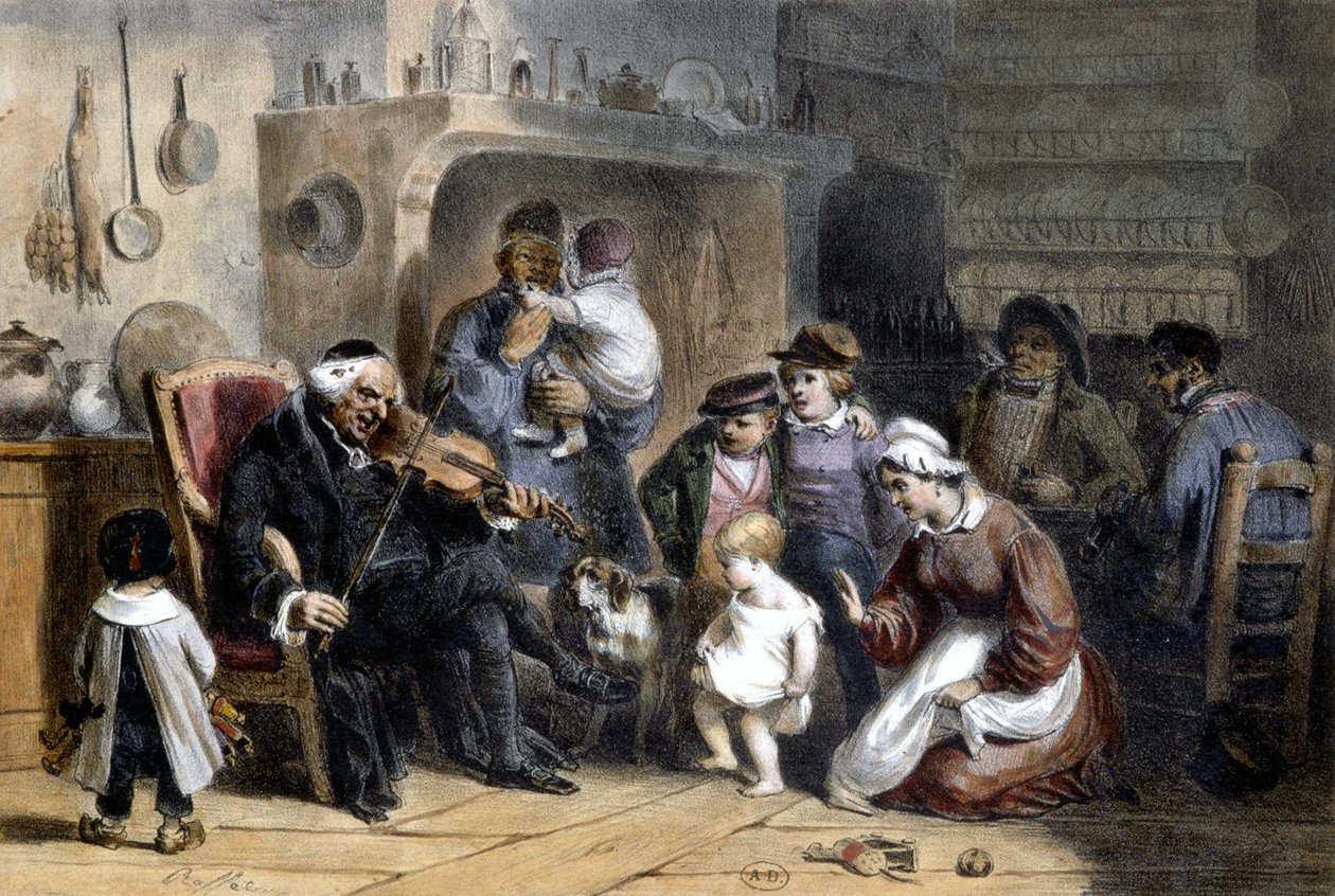 En vagt: familie samlet omkring en præst, der spiller violin. 19. århundrede. af Unknown artist