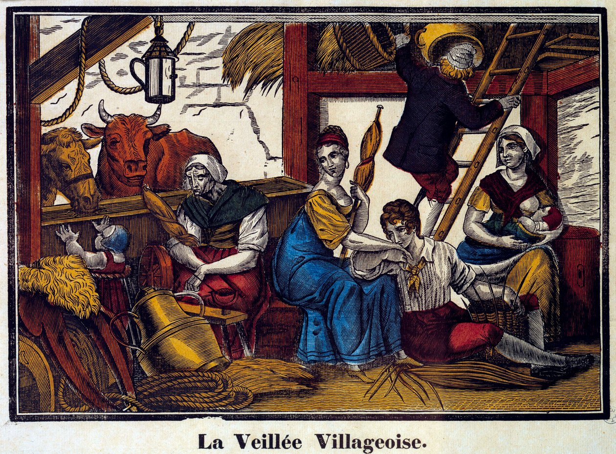 En landsbys natteliv: en familie af bønder i en lade. Indgravering af det 19. århundrede. Paris, B.N. af Unknown artist