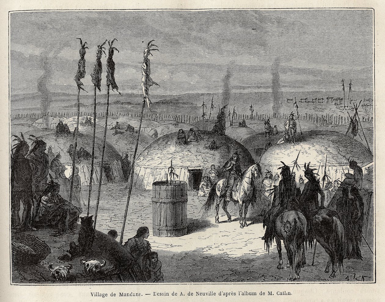 En landsby med mandans-indianere (eller noumah ka kie: fasaner) på venstre bred af Missouri, 600 ligaer fra byen Saint Louis. Gravering til illustration af en udflugt blandt indianerstammerne i bassinerne i Colombia og Upper Missouri, af G. Catlin, i 1. af Unknown artist
