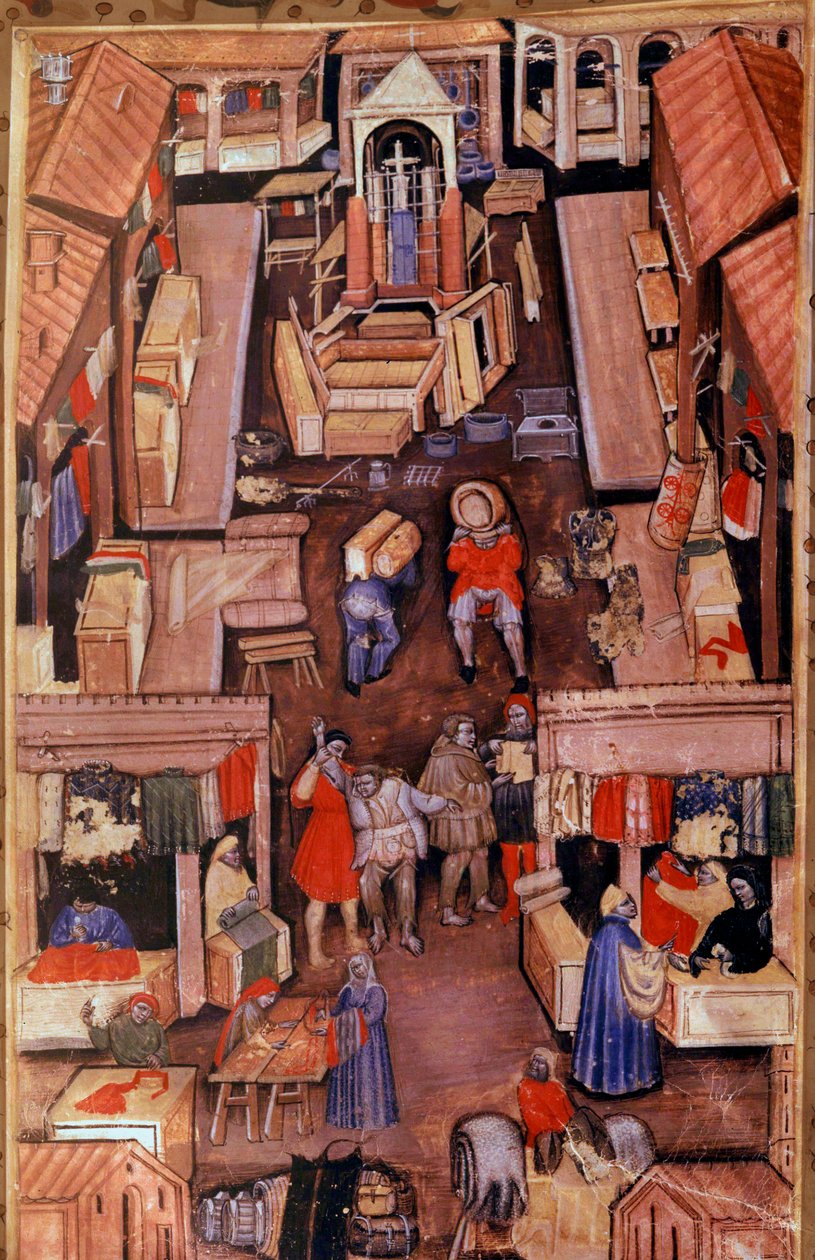 En gåtur: drapere, skræddere, tøjhandlere i en fransk by. Øverst, konstruktion af en miniaturekirke fra et 1400-tals manuskript Paris, B.N. af Unknown artist