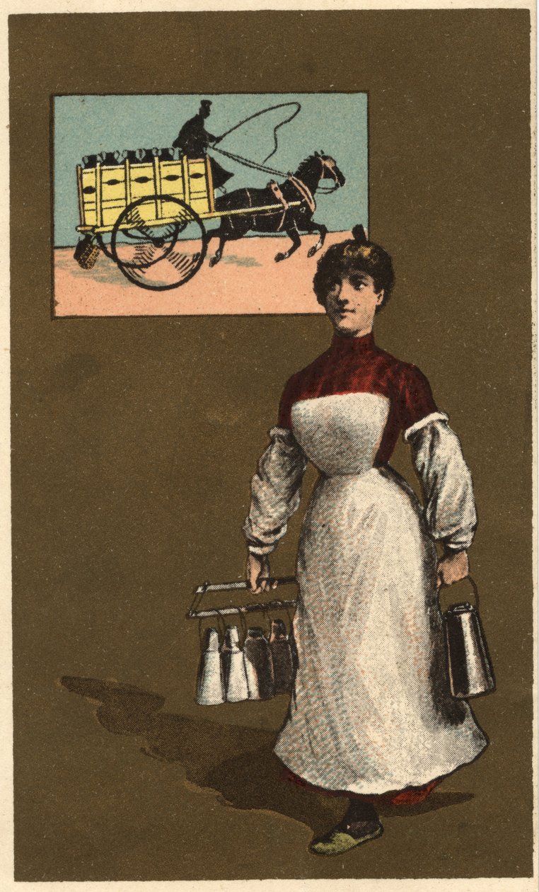 En gående mælkehandler (levering eller mejeri). Anonym kromolitografi, slutningen af det 19. århundrede. af Unknown artist