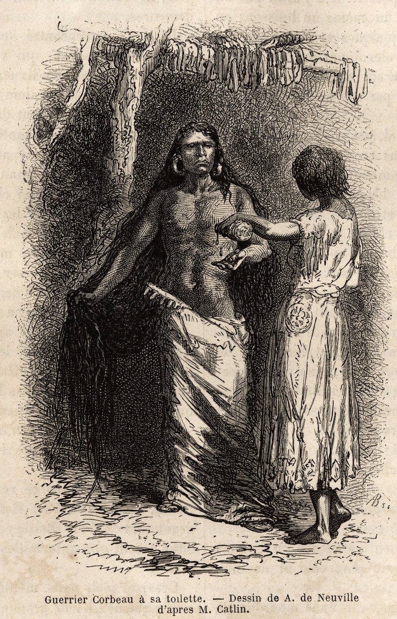 En kriger fra Crow Indian-stammen (krager), der bor langs Lewis-floden, gør sit toilet. Gravering for at illustrere en udflugt blandt indianerstammerne i bassinerne i Colombia og Upper Missouri, af G. Catlin, i 1855, udgivet i "" le tour du monde"" af Unknown artist