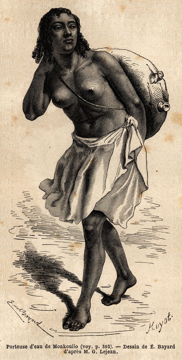 En vandbærer fra Monkoullo, en samharisk kvinde (Etiopien), iført en læderoverdel, der hænger i et langt palmefiberreb, som hun tømmer i en stor tank ler for at vande dyret. Engravure pour illustrrer le voyage en Abyssinie, en 1862 af Guillaume af Unknown artist