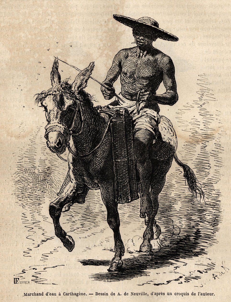 En vandkøbmand i Cartagena (Colombia), vand er knap og hans handel er lukrativ, sælgeren ejer stadig en multe, fylder bambusstammer med væske, som han sælger tilfældigt fra gaderne. Gravering til illustration af rejsen til New Granada af Dr. Saff af Unknown artist