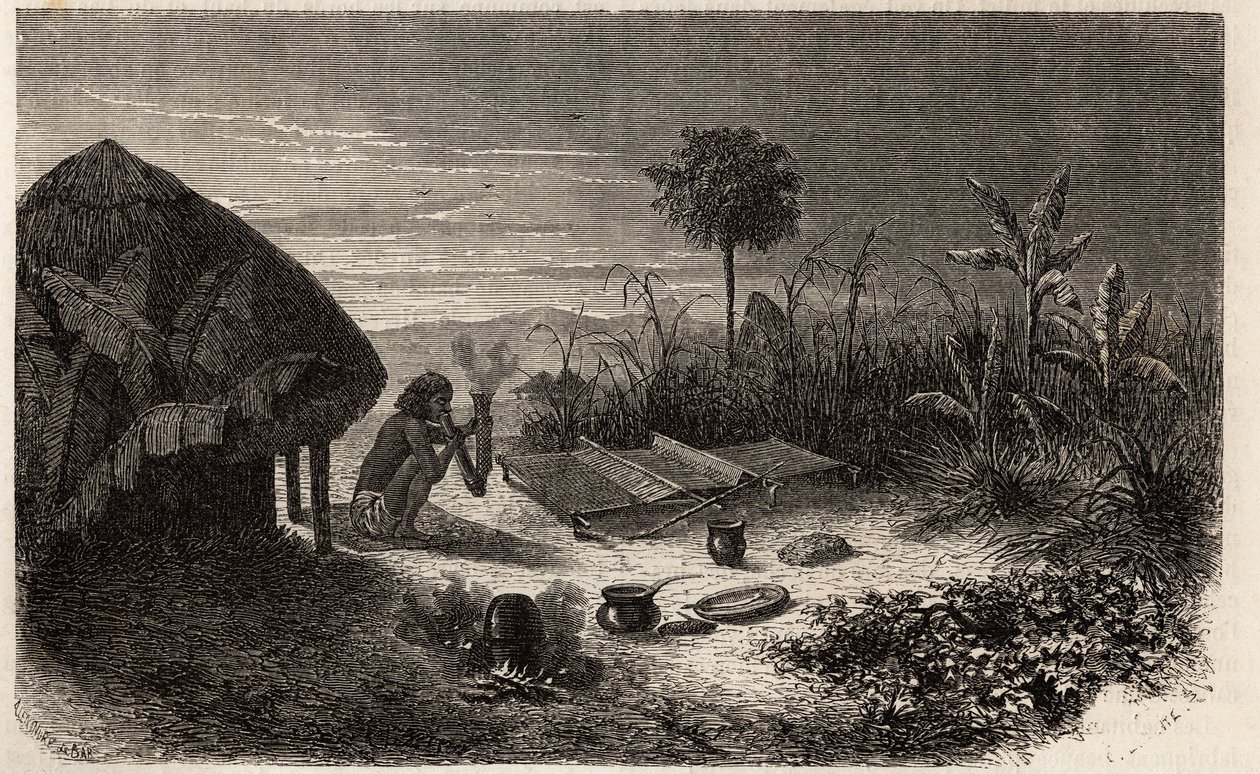 En væver og hans væver, ved bredden af Zambeze-floden. Indgravering til illustration af Dr. Livingstones første rejser til det sydlige Afrika fra 1840 til 1856, i "Le tour du monde, nouveau journal des voyages"" udgivet under ledelse af Edouard Charton af Unknown artist