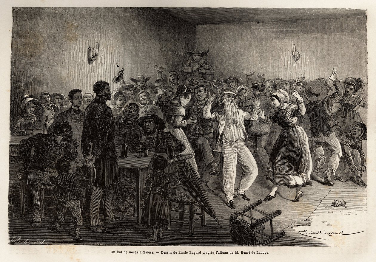 Et bryllupsbal i Salers, gravering for at illustrere en rejse til vulkanerne i det centrale Frankrig i 1864, i "Le tour du monde, nouveau journal des voyages"" udgivet under ledelse af Edouard Charton af Unknown artist