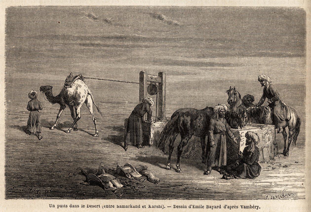 En brønd i ørkenen, mellem Samarkand og Karshi (byer i det nuværende Usbekistan). Tegning af Emile Bayard (1837-1891), for at illustrere rejsen til Centralasien, i 1863, af Arminius Vambery (ungarsk videnskabsmand forklædt i dervish). Indgravering i "" L af Unknown artist