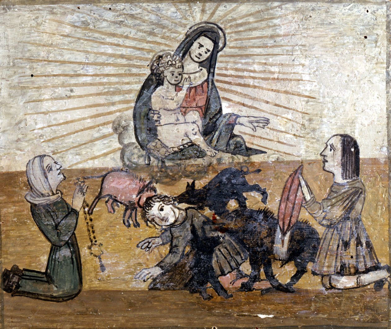 En ung dreng angrebet af en gruppe vildsvin (vildsvin). Ex voto fra det 16. århundrede af helligdommen Madonna del Monte nær Cesena (Forlí). af Unknown artist