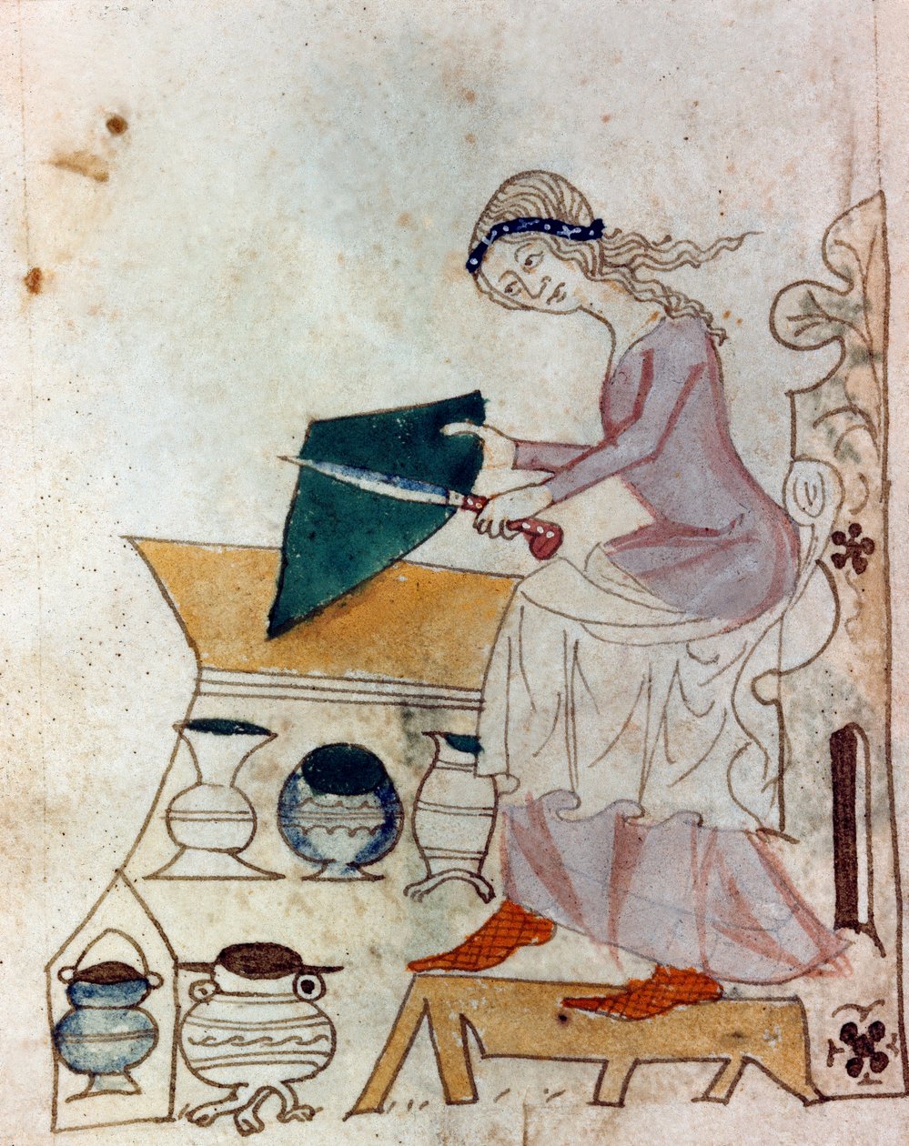 En ung kvinde, der sliber en kniv. Miniature fra et provencalsk manuskript af typen »Filosoffernes ordsprog« (MS Palat. 586), 14. århundrede. Biblioteca Nazionale, Firenze af Unknown artist
