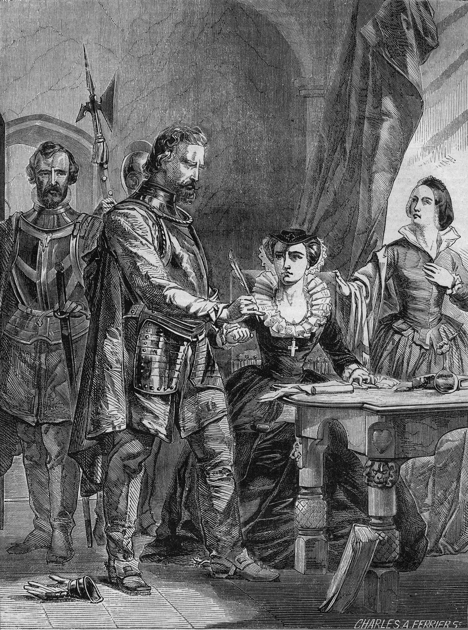 Abdikation af Mary I Stuart (1542-1587), dronning af Skotland og Frankrig (1559-1560). Stik fra 1861. af Unknown artist