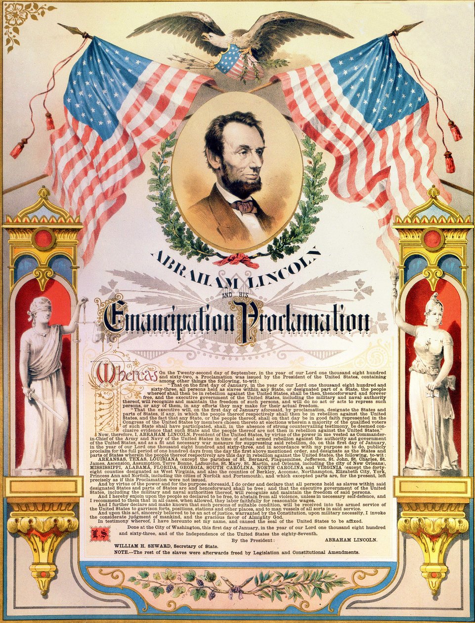 Abraham Lincoln og hans proklamation af frigørelsen af slaver (flag og ørn). 22/09/1862. af Unknown artist