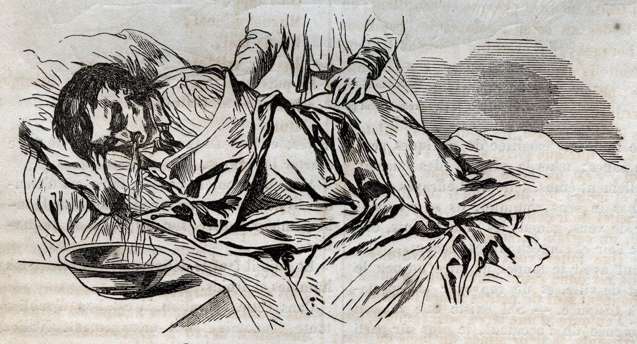 Ulykkesmedicin - på den mest effektive lindring at give de druknede mennesker - valnøddebleerne på siden og opkastning af vandet, han drak - indgravering i "La Sante Universelle - Guide Medical des Familles" 1852 af Unknown artist
