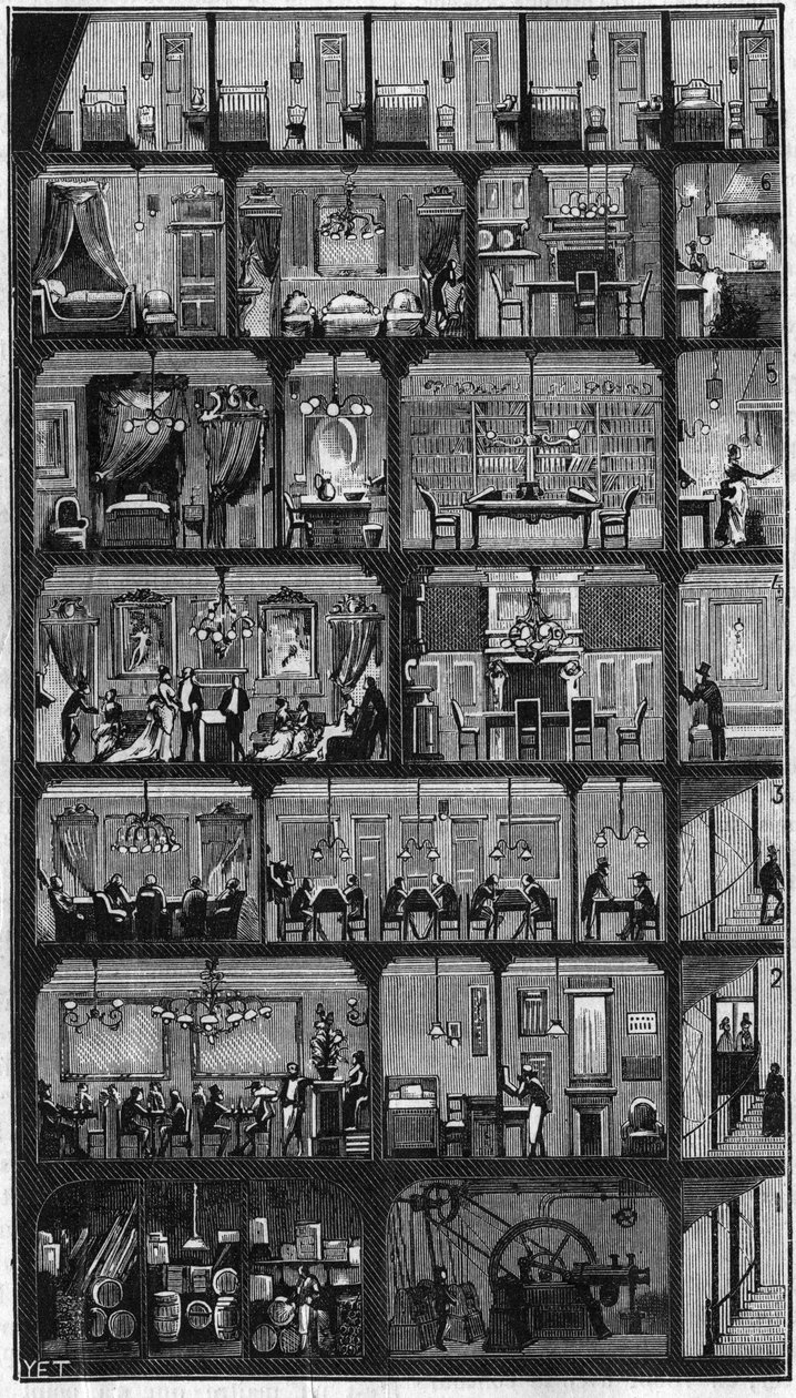 Indkvartering i Paris - Tværsnit af en Haussmann-bygning i Paris i 1885. Ovenpå de gode værelser og i de øvrige etager kontorer, lejligheder og receptionslokale (møde). Indgravering i "" La Nature. Gennemgang af videnskaber og deres anvendelser til af Unknown artist