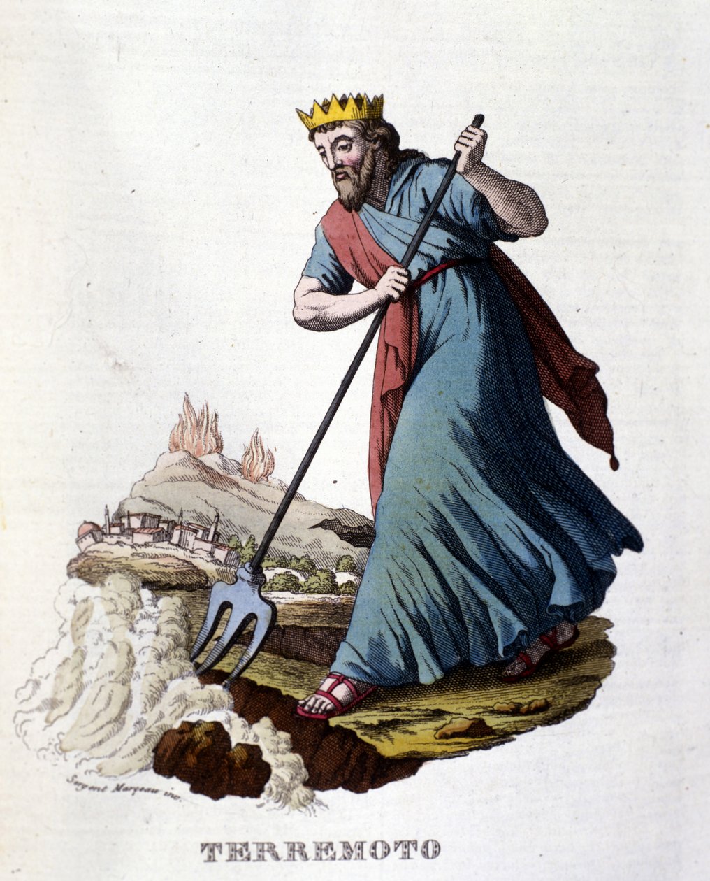 Ifølge græsk mytologi er jordskælv forårsaget af Neptun, der ryster jorden med sin trefork. Indgravering af det 19. århundrede. af Unknown artist