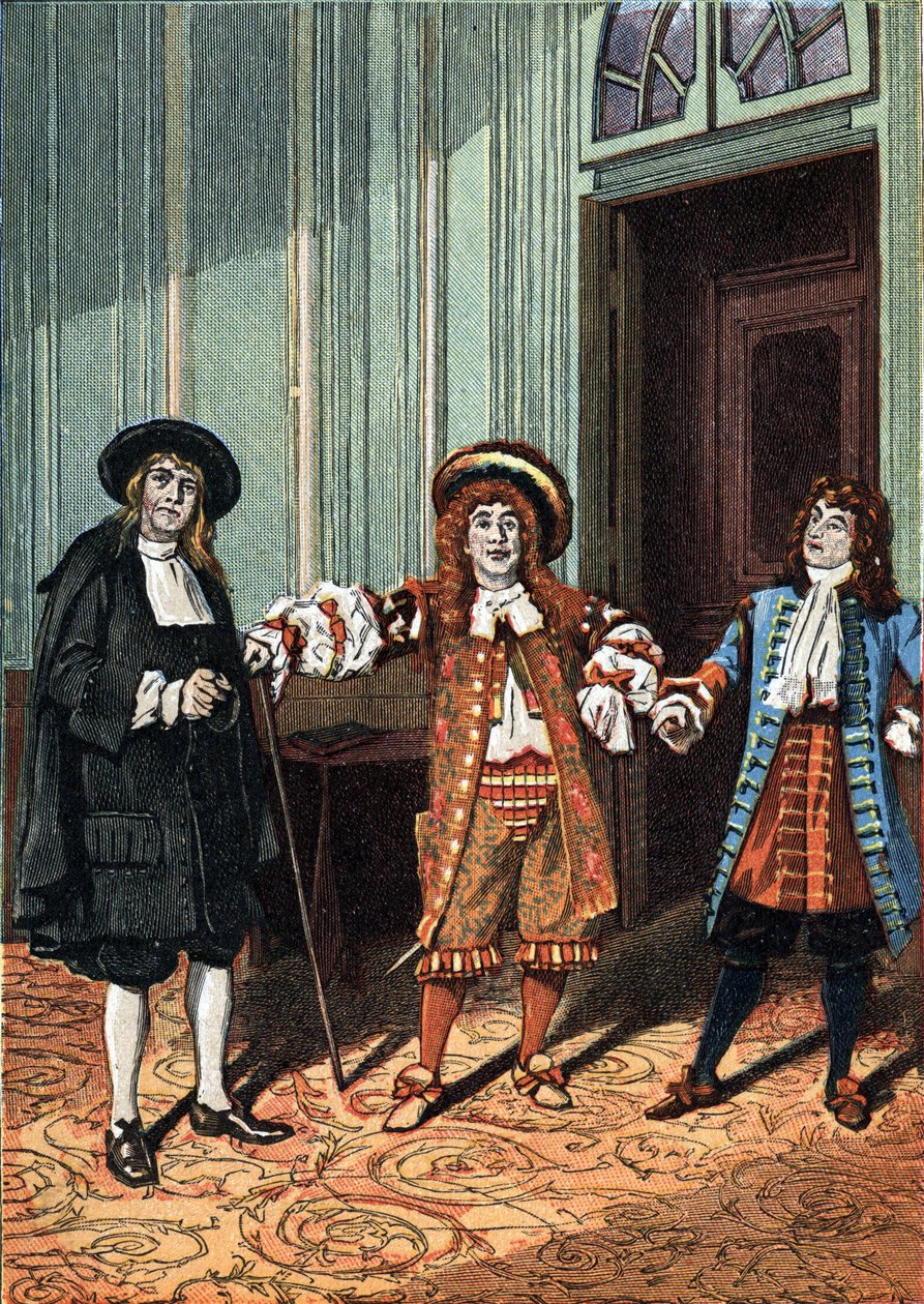Anden akt af "Le Bourgeois Gentilhomme"" komedie-ballet i fem akter i prosa af Moliere. Mesterfilosoffen (Mr. Lenoir), dansens mester (Mr. Truffier), Mr. Jourdain (Mr. Coquelin yngre). Omkring 1890. af Unknown artist