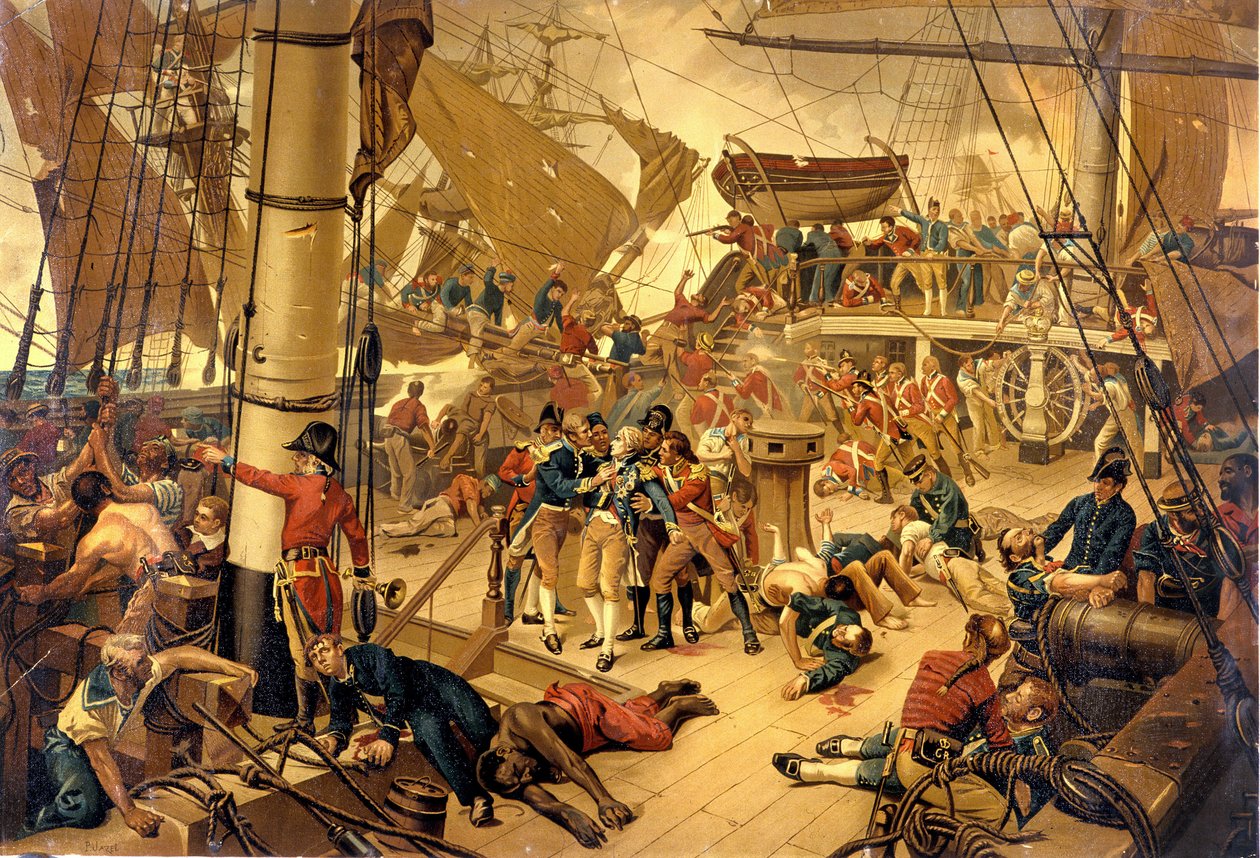 Admiral Nelson sår alvorligt på Victory Bridge under slaget ved Trafalgar den 21/10/1805. af Unknown artist