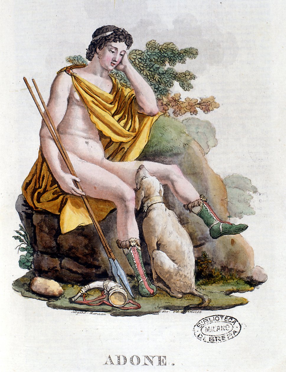 Adonis. græsk gud af fønikisk oprindelse. 1800-tals gravering. Biblioteca nazionale Braidense. Milano af Unknown artist
