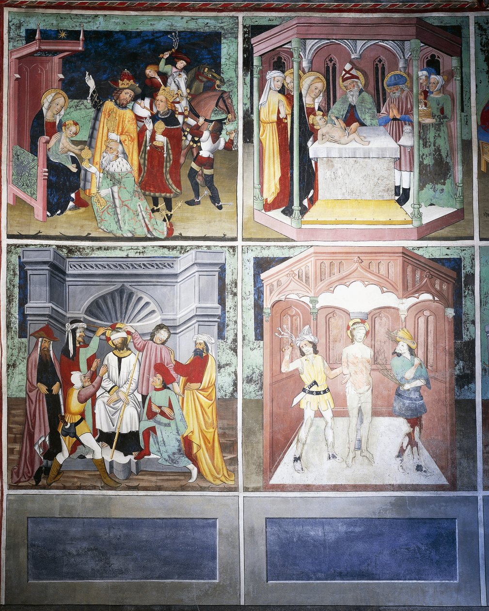 Tilbedelse af vismændene, omskæring, hån, pisk, Kristi liv (1400-tallet), kalkmalerier, St. Sebastians kapel, Villard-de-Lans, Rhone-Alpes, Frankrig. af Unknown artist